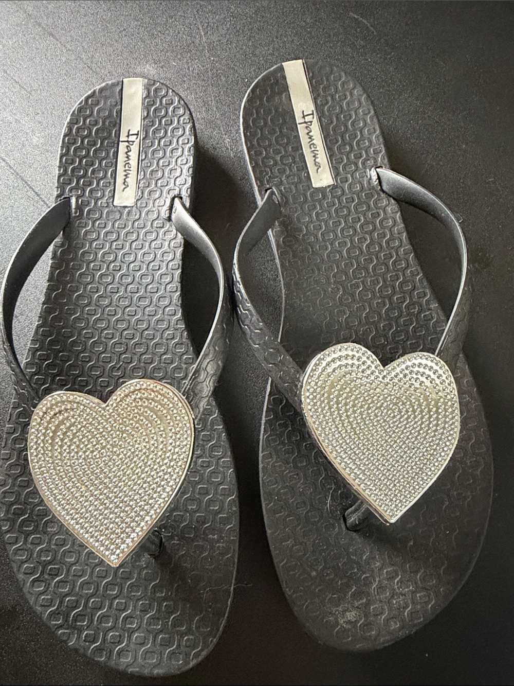 Ipanema Black Sandals with Silver Heart Embellishments